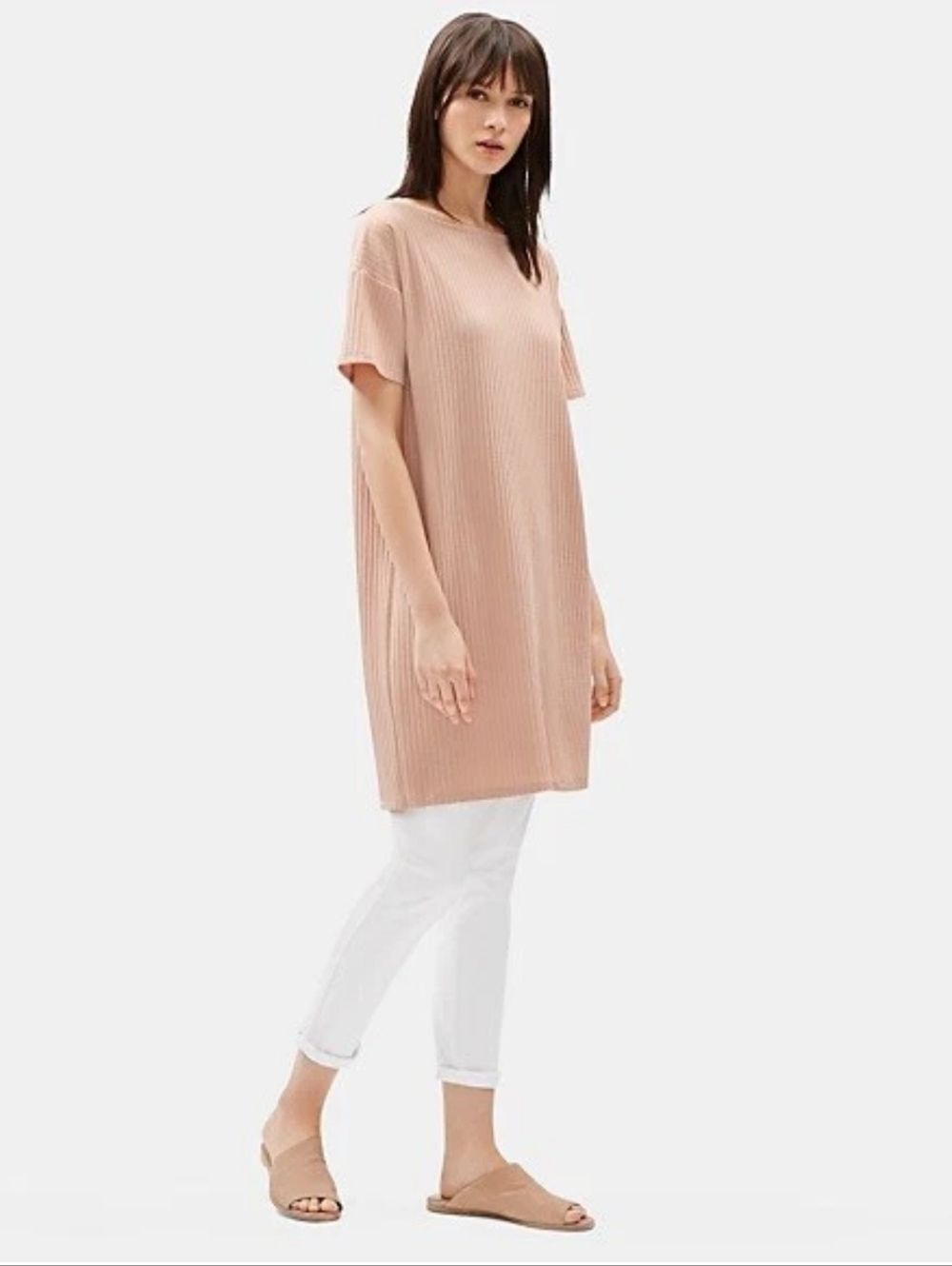 Eileen Fisher Tencel Stretch Ribbed Boat Neck Pink Blush Shift Dress
